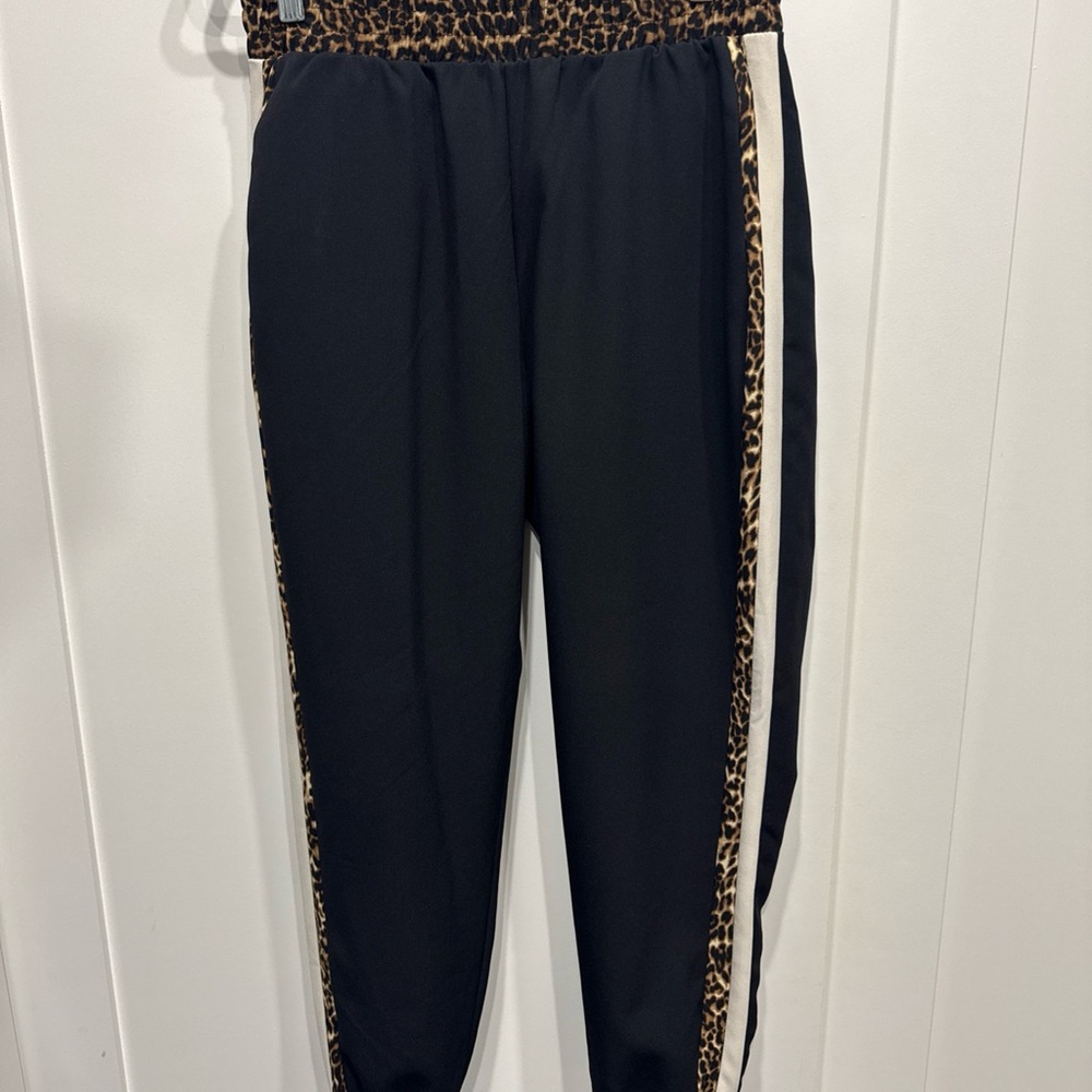 ZARA Basic Women’s Black Jogger Trousers Side Leopard & Beige Print Size M